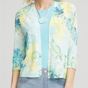 CHICO'S Tropical Romance Palm Leaves Floral Aqua Cardigan Size 3 (16) Open Front